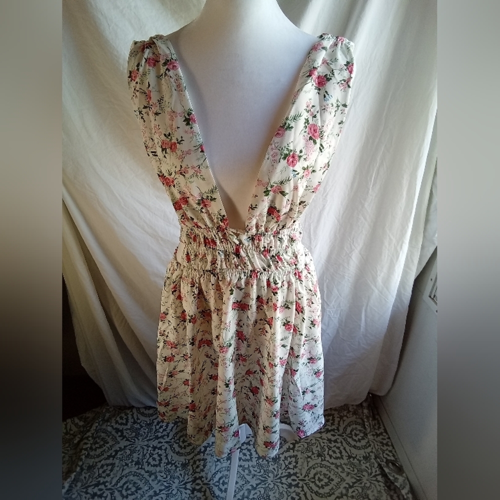 Floral Cream Deep V Sundress with Pink‎ Roses